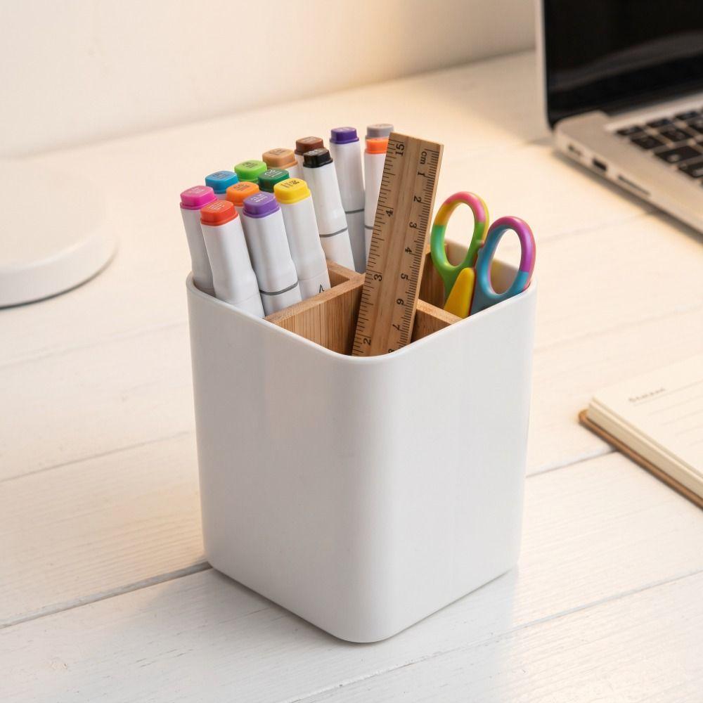 Bamboo Divided Pencil Storage Box Organizer Desktop Storage Simple Flower Vase  Desk Storage