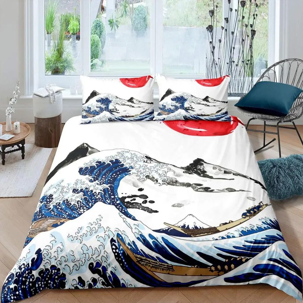 Comforter Japanese Wave King Queen Blue Sea Bedding Set Maple Leaf Moon Hokusai Ukiyo-E Polyester Comforter