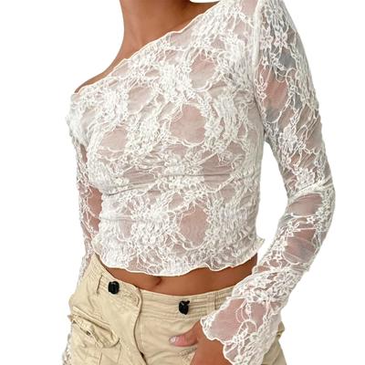 Women Crop Off-Shoulder Tops See-Through Lace Long Sleeve Shirt Casual Pullovers for Club Streetwear