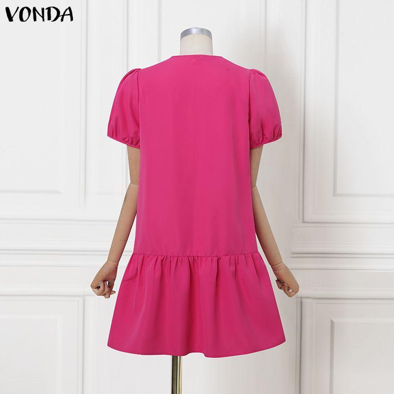 VONDA Women Summer Round Neck Casual Short Sleeve Ruffled Mini Dress