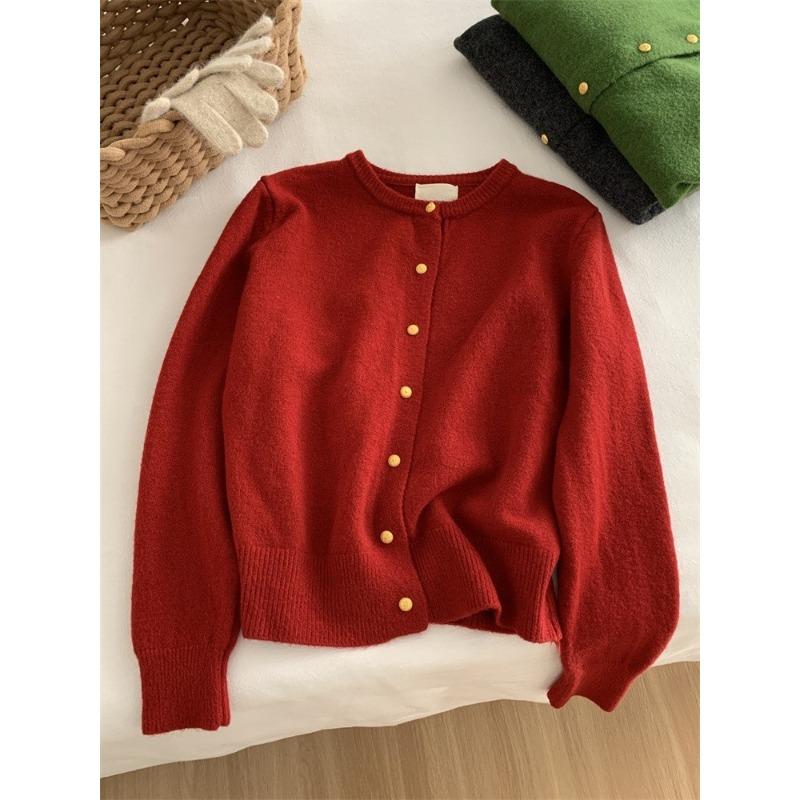 White raspberry powder small gold button knitted cardigan women's autumn and winter soft waxy thickened warm crew neck sweater jacket