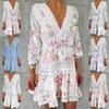 Women Fashion Floral Printed Dress Casual Beach Dress Summer V-neck Lace Dress Sexy Party Dress 3/4 Sleeve Boho Dress