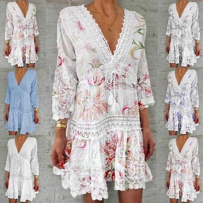 Dammode Blommig klänning Fritidsstrandklänning Sommar V-ringad spetsklänning Sexig festklänning 3/4-ärmad Boho-klänning