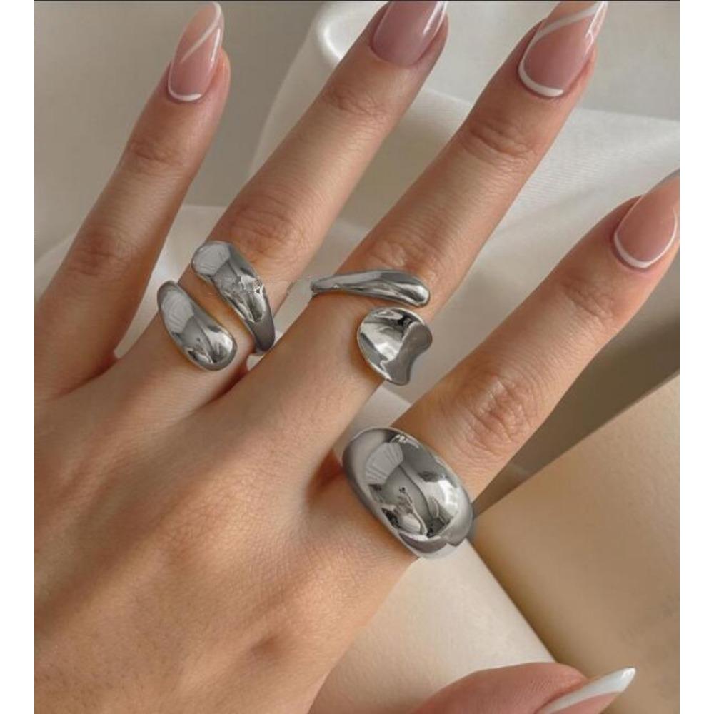 3 Pieces/ Set Design Sense Water Drop Staggered Ring Personality Irregular Opening Adjustable Ladies Ring Set