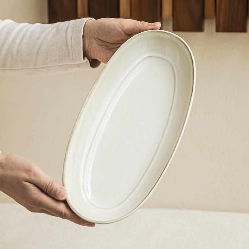 Oval Long Plate Minimalist Style Ceramic Plate Long Plate Household Steamed Fish Plate Restaurant Japanese Material Plate Tableware Plate