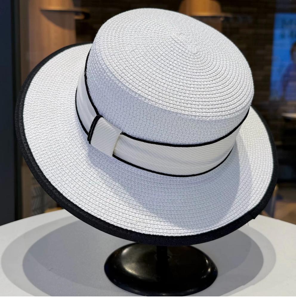 French Style Flat-Top Straw Hat Women'S Summer Beach Vacation Wide Brim Sunshade Sun Hat Grass Hat For Sun Protection