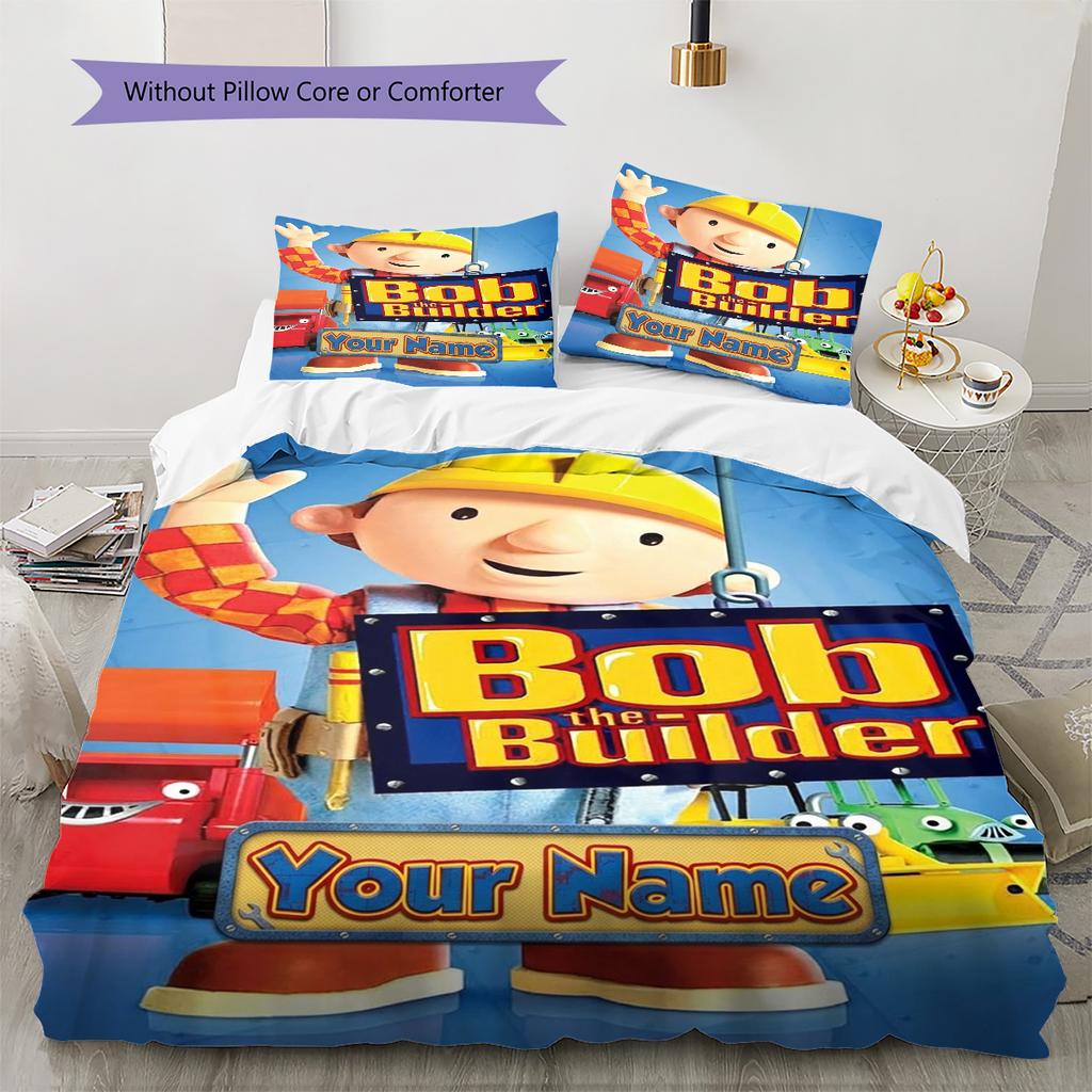 Bob Builder Theme Custom Name Pattern Bedding Quilt Set Quilt Cover Pillowcase Home Birthday Gift(1 * duvet cover + 2 * pillowcase, without core)