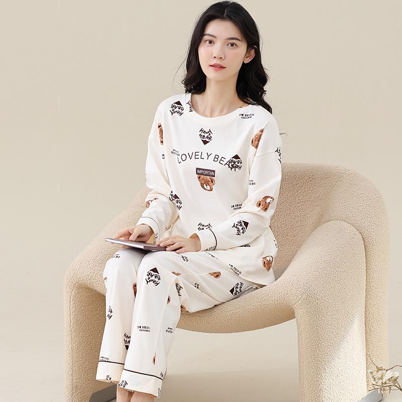 Aifen Teng Women's Pajamas Set: Pure Cotton, Long Sleeve, Long Pants, Casual Home Wear, Suitable for Spring, Autumn, and Winter.