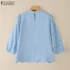 ZANZEA Women Casual Round Neck 3/4 Sleeve Loose Patchwork Crochet Blouse