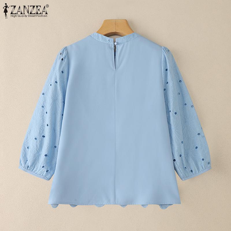 ZANZEA Women Casual Round Neck 3/4 Sleeve Loose Patchwork Crochet Blouse