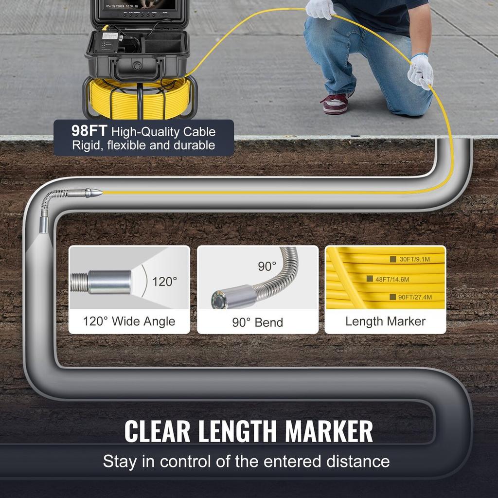 Sewer Camera 98 ft/30m Self-Leveling Drain Camera with 9" Screen 36X Zoom