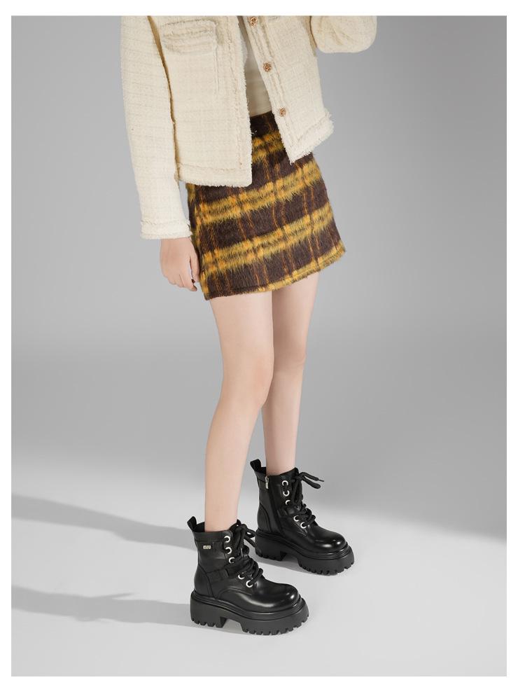 Women's British Style Lace-Up Ankle Boots - Genuine Leather, Thick Sole, Heightening, Autumn/Winter 2025