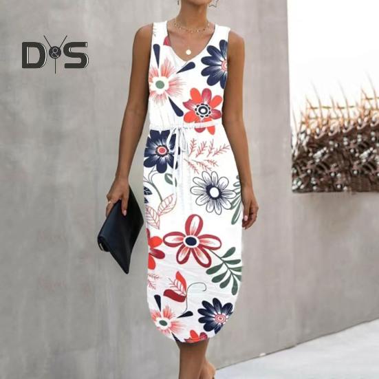 

Леди летнее платье с V-образным вырезом и шнуровкой с тонкой талией и цветочным принтом без рукавов с разрезом подол и жилетом Тип Сарафан Платье миди длиной до колена S светло-зеленый