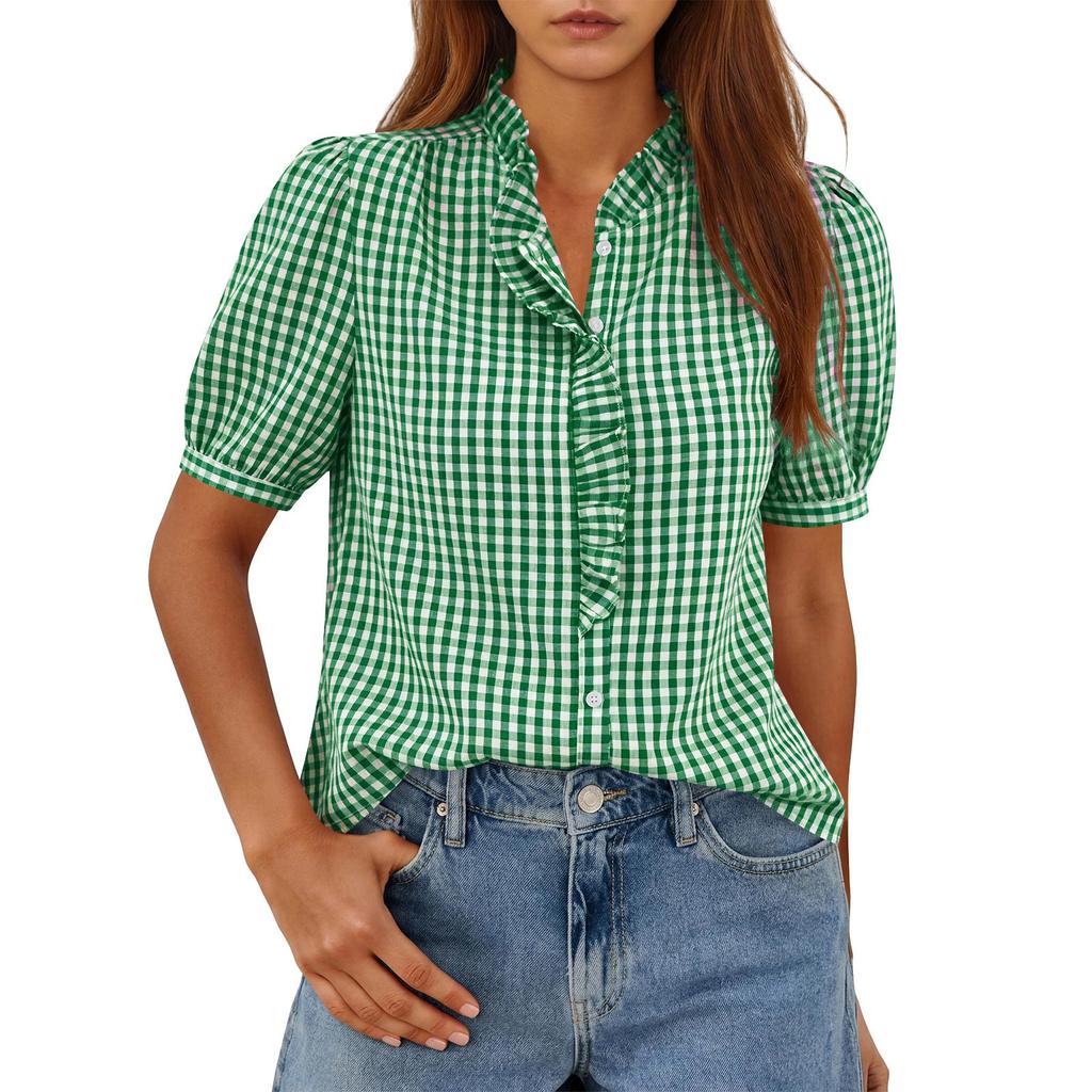 Damska Modna Koszulka T-shirt Top w Kratkę z Dekoltem V na Guziki, Codzienny, Lekki, Krótki Rękaw, z Falbanką