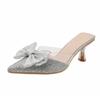 Spring and Summer New Bow Rhinestone Pointed Half Slippers Femininity Wear Sandals Stiletto High Heels