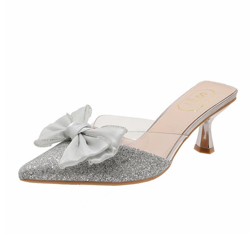Spring and Summer New Bow Rhinestone Pointed Half Slippers Femininity Wear Sandals Stiletto High Heels