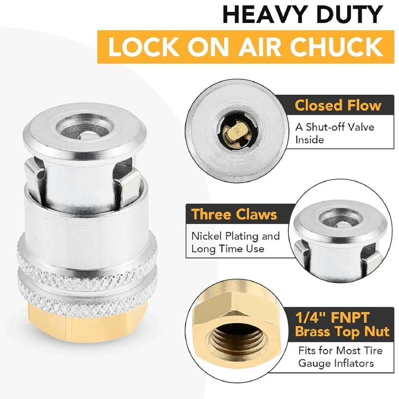2Pcs Closed Flow Brass Straight Tire Lock On Air Chuck 1/4FNPT Standard Male Quick Plug for Tire Inflator Gauge & Air Compressor