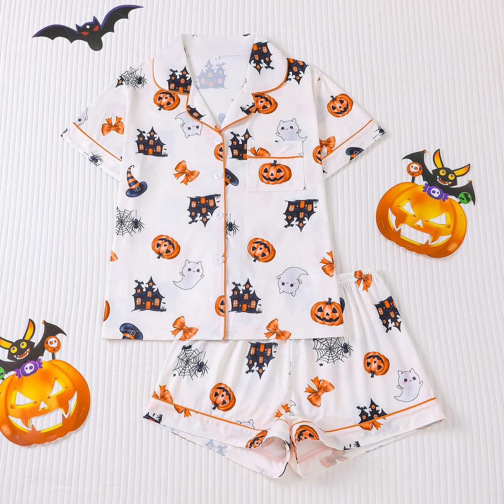 Ladies Pajamas Halloween Printed Lapel Short Sleeve Shorts Loungewear Set