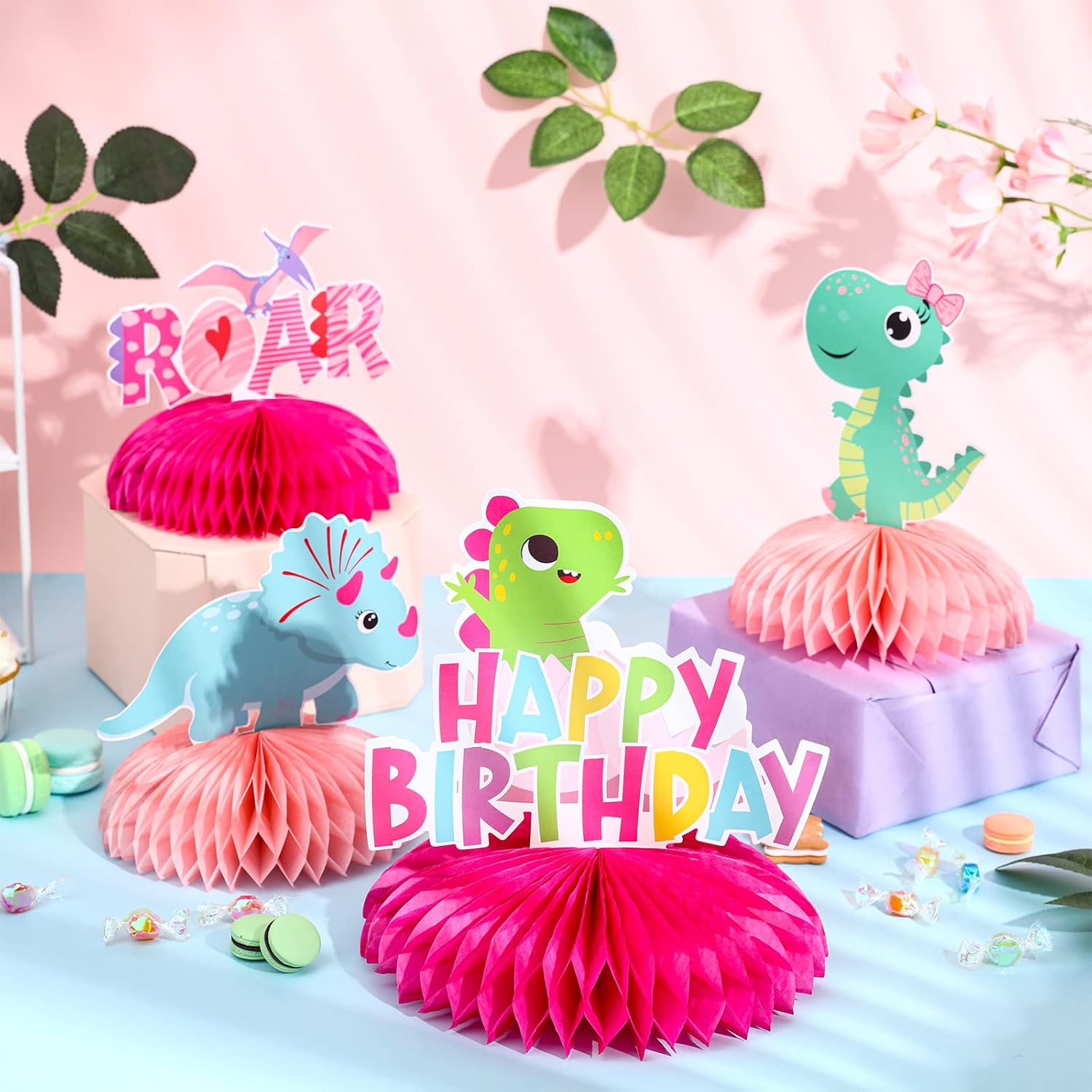Pink Dinosaur Honeycomb Centerpieces, Little Dinosaur Three Rex Roar Birthday Table Topper Decorations for Girl’s T-Rex Themed 3rd Birthday Party