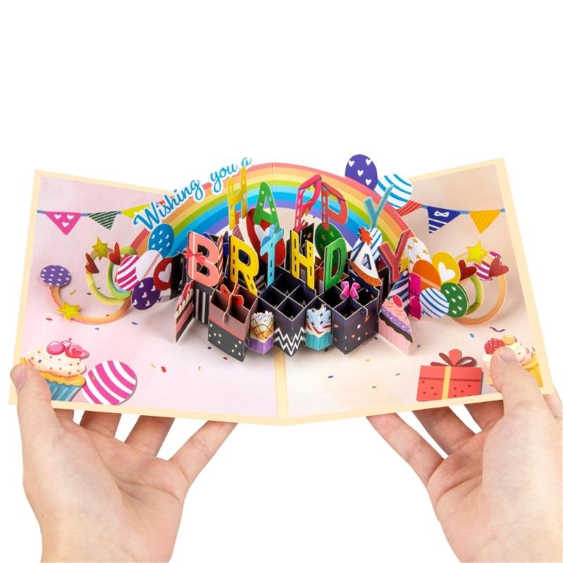 Elegant 3D Popup Birthday Greeting Card with Rainbow Theme Colorful Design Perfect Gift for Women Men and Children
