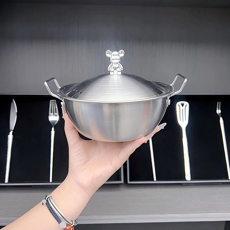 Bol à Salade en Acier Inoxydable 201 Pot à Faire Fondre et Bouillir Bol à Nouilles Instantanées Bol à Vin de Riz Coréen avec Poignée à Double Oreille Panier à Snacks