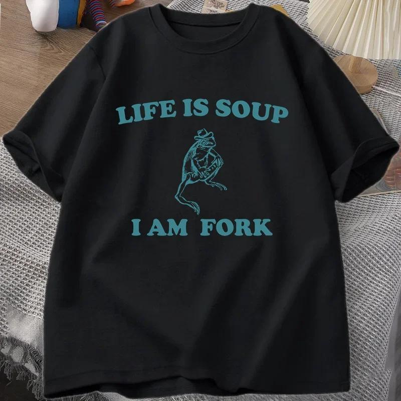 Life Is Soup I Am Fork Frog Graphic T Shirt Unisex Funny Retro Tshirt Summer Animal Printed Tshirt Frog Meme Tees