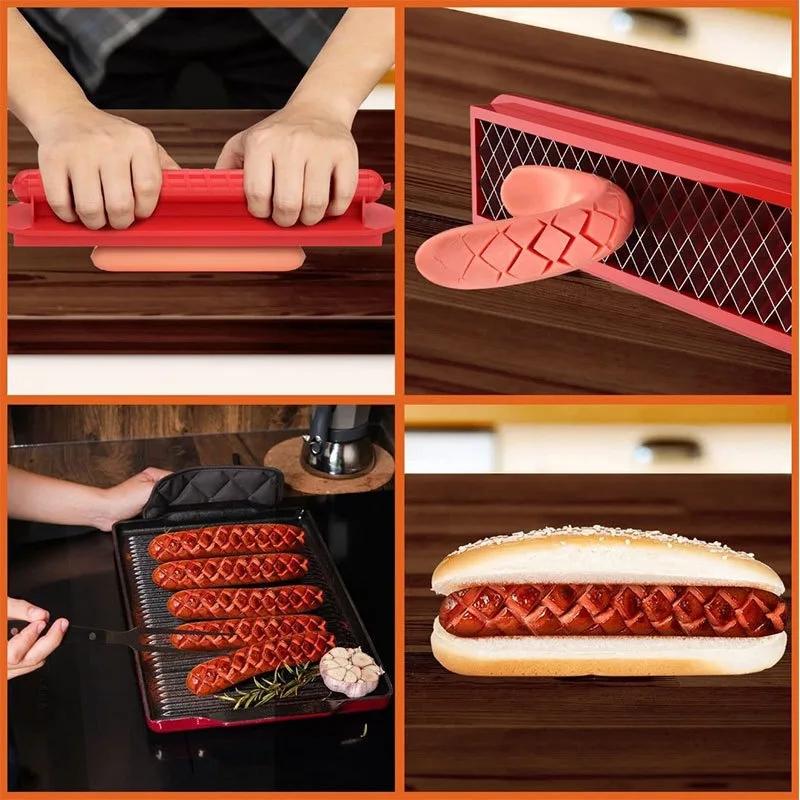 Coupeur de Saucisse et Hot Dog Ustensiles de Cuisine Nouveau Grade Commercial Maille de Précision à Rainures Croisées Trancheur pour Saucisse Hot Dog Outil BBQ