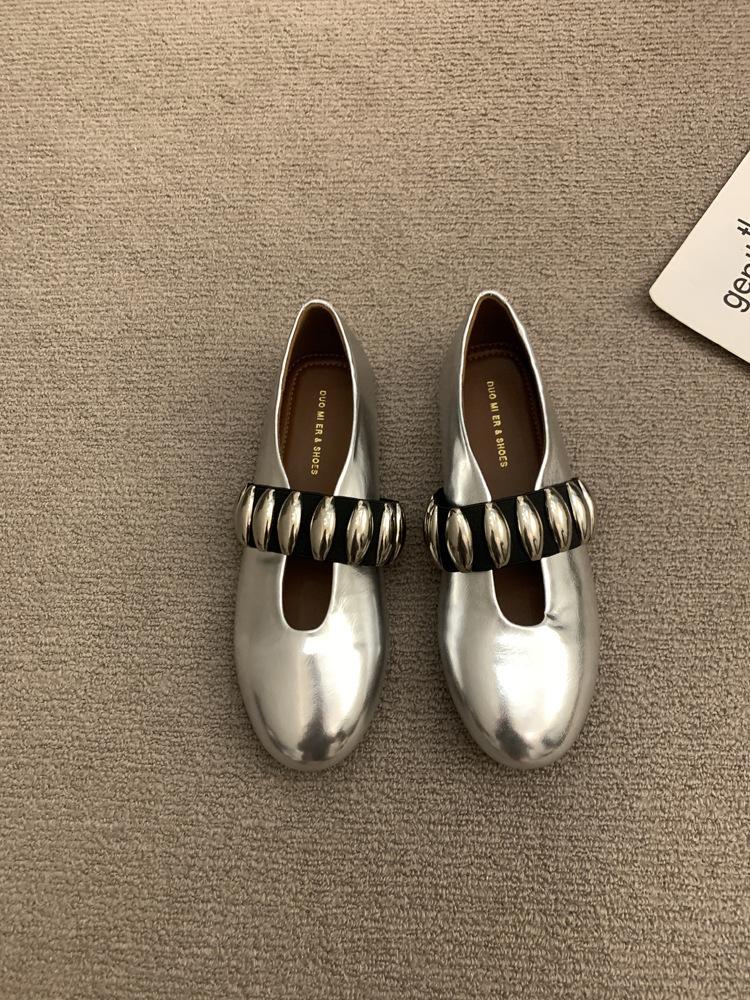 

Spring And Autumn Round Head One-Word Elastic Metal Flat-Bottomed Mary Jane Single Shoes Women S Niche Versatile Small Leather Shoes 35 серебряный