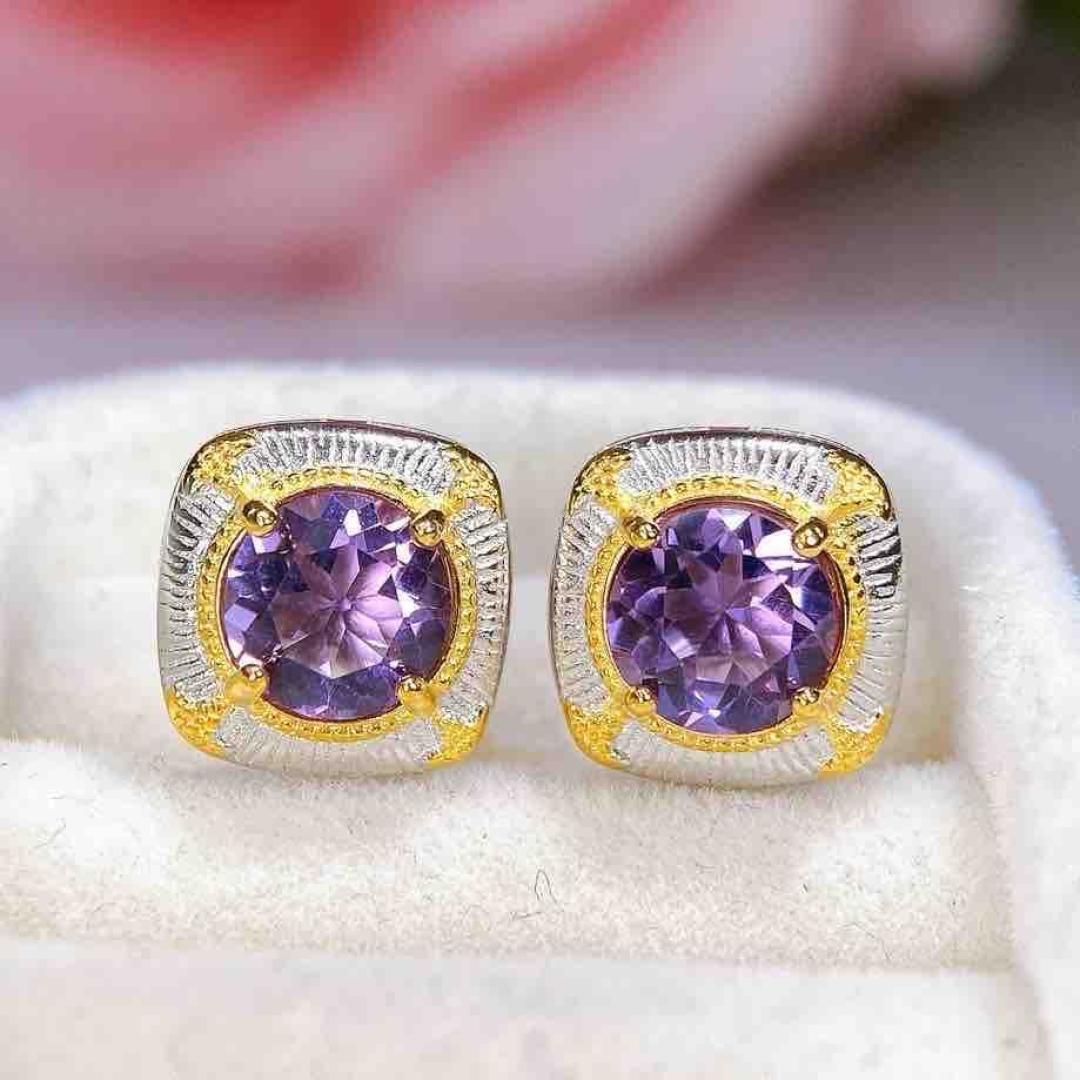 Amethyst Stud Earrings with S925 Silver Inlay - Natural Amethyst Women s Earrings with Earring Pendants. S925 Silver
