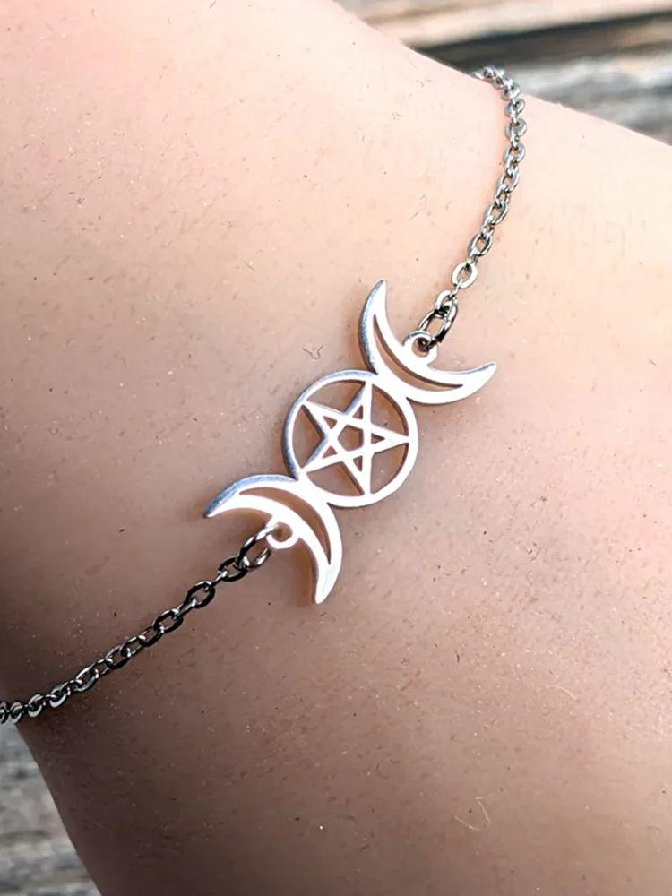 

Triple Moon Goddess Bracelets Stainless Steel Pentagram Wicca Charm Magic Pentacle Witch Jewelry for Men Women
