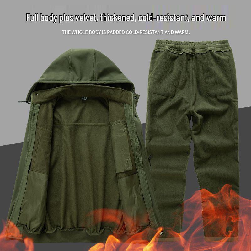 Men's Fleece-Lined Camouflage Workwear Set - Thick, Warm, Dirt & Wear-Resistant, Cold-Proof Cotton for Autumn/Winter.