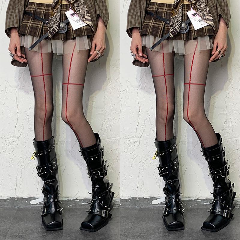 Y2K Fashion Gothic Cross Line Sexy Pantyhose Women Fishnet Ins Hot Girls Jk Tights High Elastic Stockings Leggings Mesh Tights