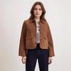 Women Tan Faux Suede Crop Jacket Collar Button Front Flap Pockets Vintage Fall Coat
