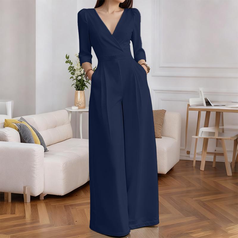 ZANZEA Damen Lässiger V-Ausschnitt 3/4 Ärmel Lockerer Langer Jumpsuit