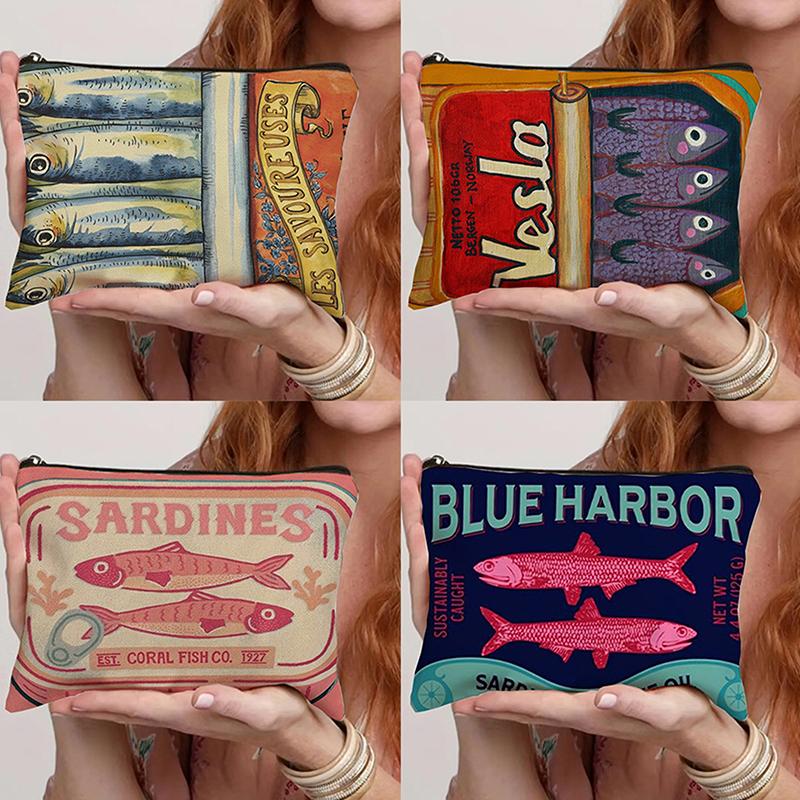Vintage Canvas Cosmetic Bag Simple Large Capacity Makeup Bag Female Travel Clutch Toiletry Bag Retro Sardines Olive Oil Design