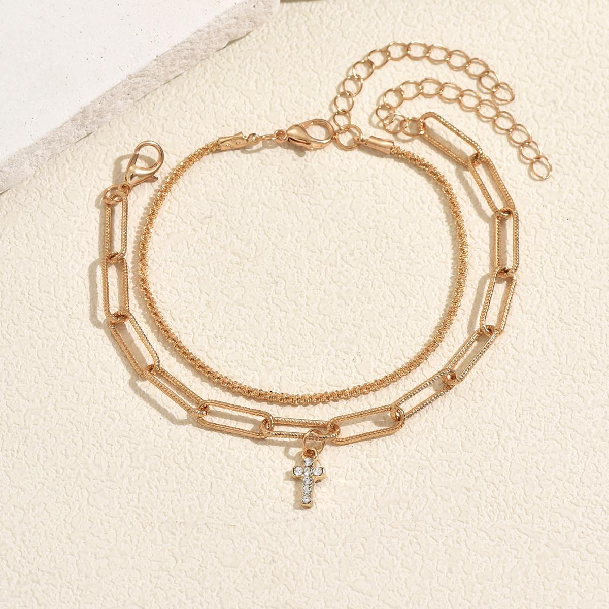 

2 PCS Gold Tone Layered Cross/Crystal Drop Bracelet Rhinestone & Snake Chain Jewelry For Women Daily & Layering Wear All Season
