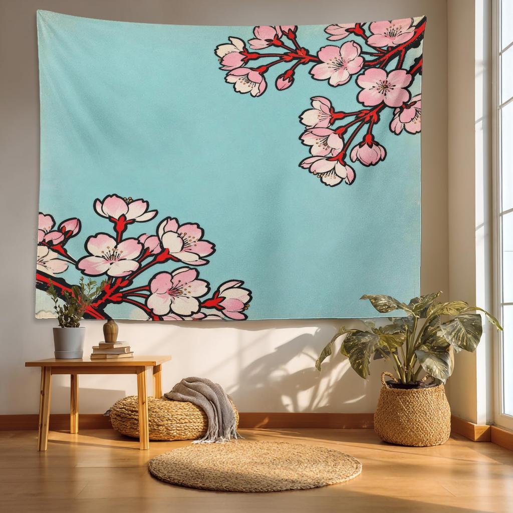 Retro Japanese Cherry Blossom Tapestry, Deep Indigo Flowers Wall Art Hanging Decoration Polyester Fiber White Ruffled Around For
