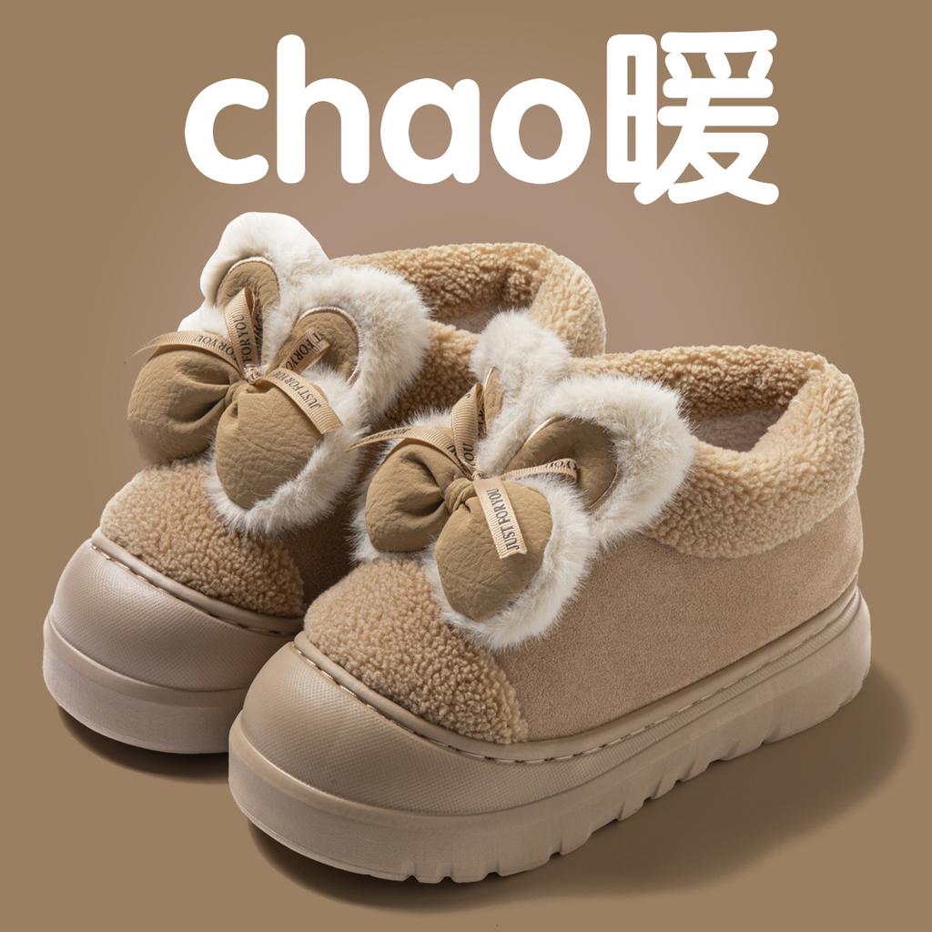 Cotton slippers winter indoor thickened bottom bow cute velvet warm outer wear fluffy slippers