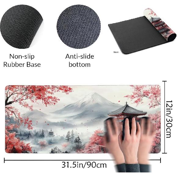 Japanese Cherry Blossoms Art Mouse Pad 31.5"x12" Large - Japanese Traditional Design Water-Resistant Surface Desk Mat with Non-Skid Base for