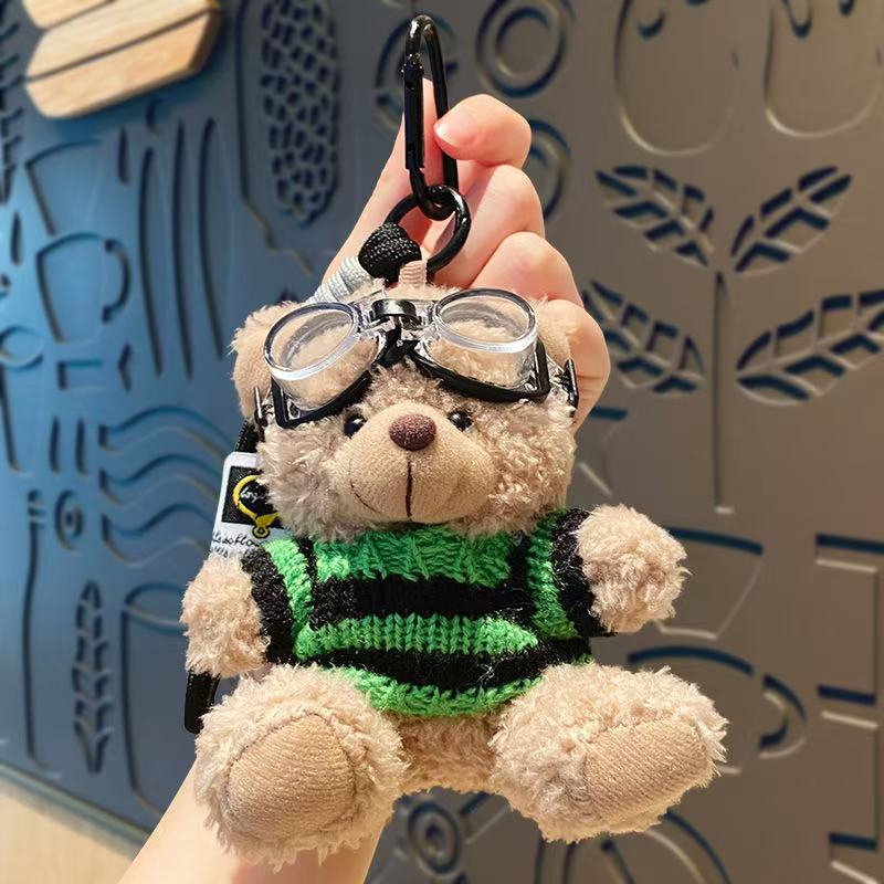 Lovely Goggles Pilot Bear Keychain Pearl Hanging Rope Plush Bear Key Ring Heart Pink Stuffed Animal Pendant Backpack