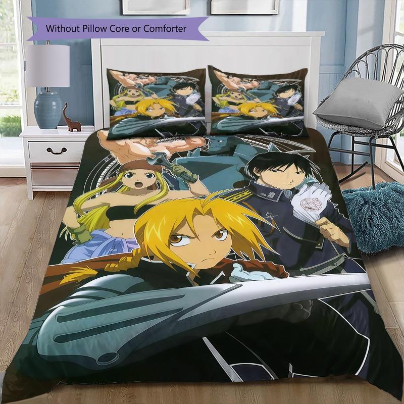 Fullmetal Alchemist 3pcs Bedding Set, Edward Elric Red Magic Circle Anime Duvet Cover Pillowcases, Bed Linen Bedroom Decor