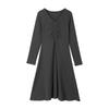 Maslan Spring Fashion Minimalist Medium to Long Length Waist Fold Back Knitted A-line Long Sleeve Dress