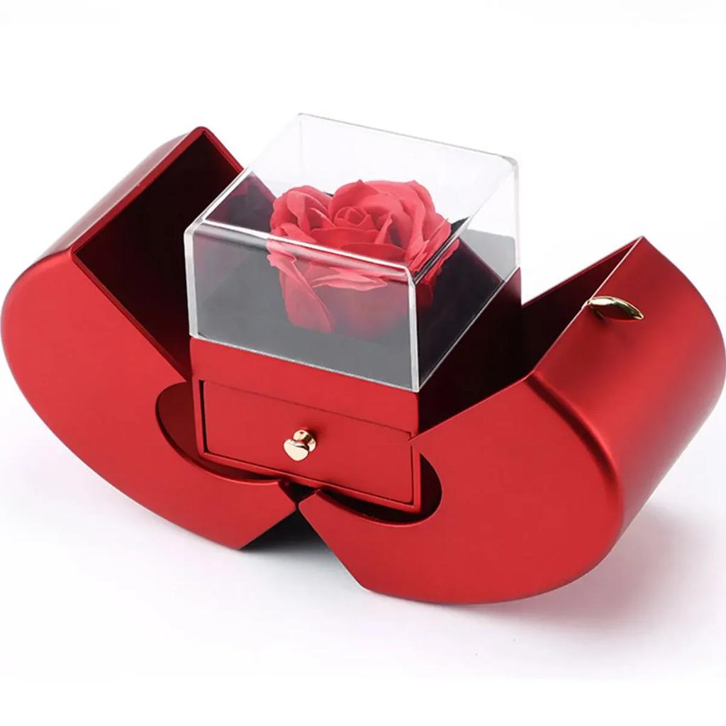 Shaped Jewelry Gift Box Double-Open Jewelry Storage Box Red Birthday Gift Box with Artificial Flower Romantic Exquisite
