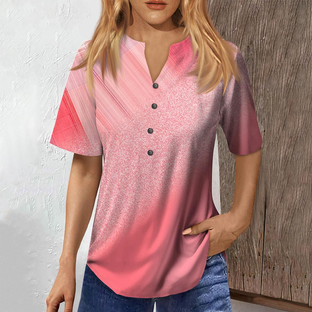 Fashionable Women's Loose Summer V-Neck Button-Down Short Sleeve Casual Dressy Top
