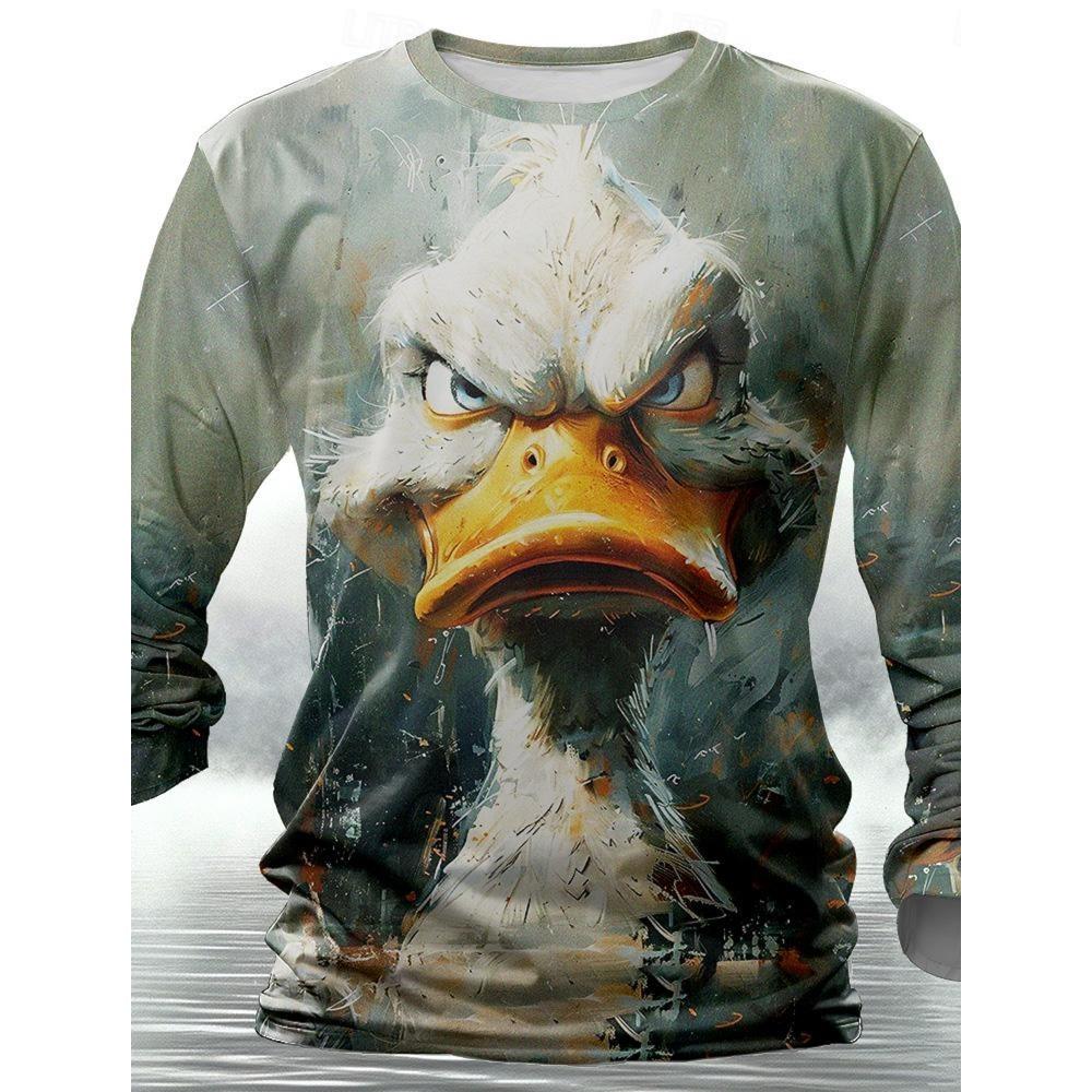 Funny Animal Design Retro Men 3D Printing Street Casual Daily Gray Long Sleeved Round Neck Shirt Spring And Autumn Clothing