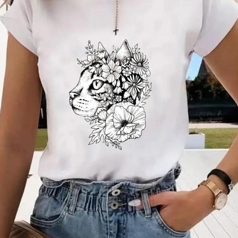 Short Sleeve Print Clothes Women Spring Summer FeUnisex Tee Fashion Cat Love Sweet Valentine Shirt Lady Graphic Tshirt Clothing