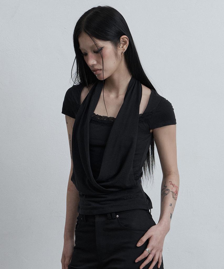 Aejeuyua Lace Cowl Neck T-Shirt Black