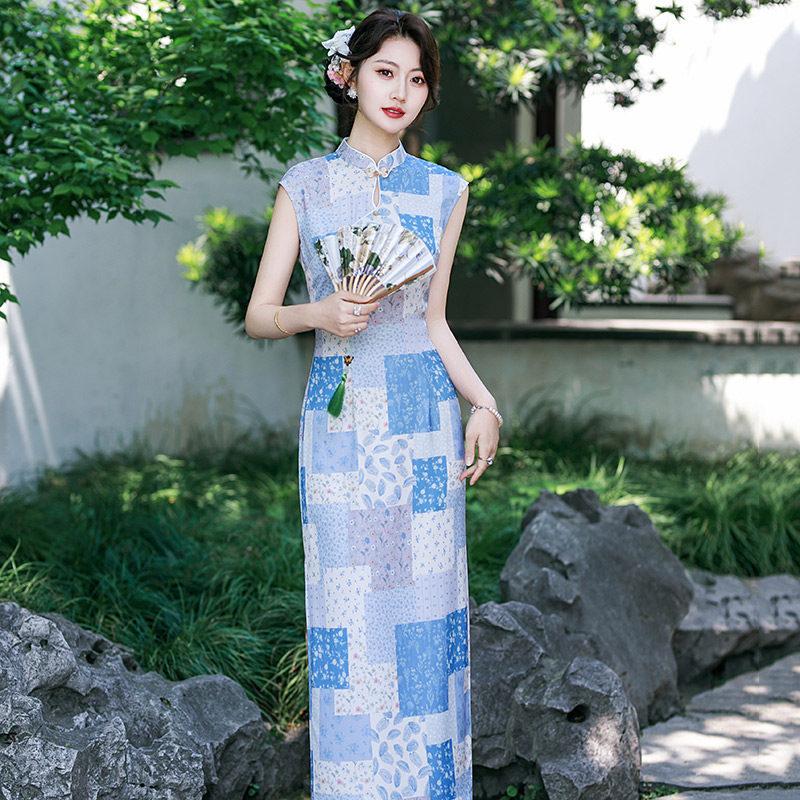 Plaid Sleeveless National Style New Chinese Style Suzhou Long Cheongsam Improved Young 1011 New Women's High-end Summer