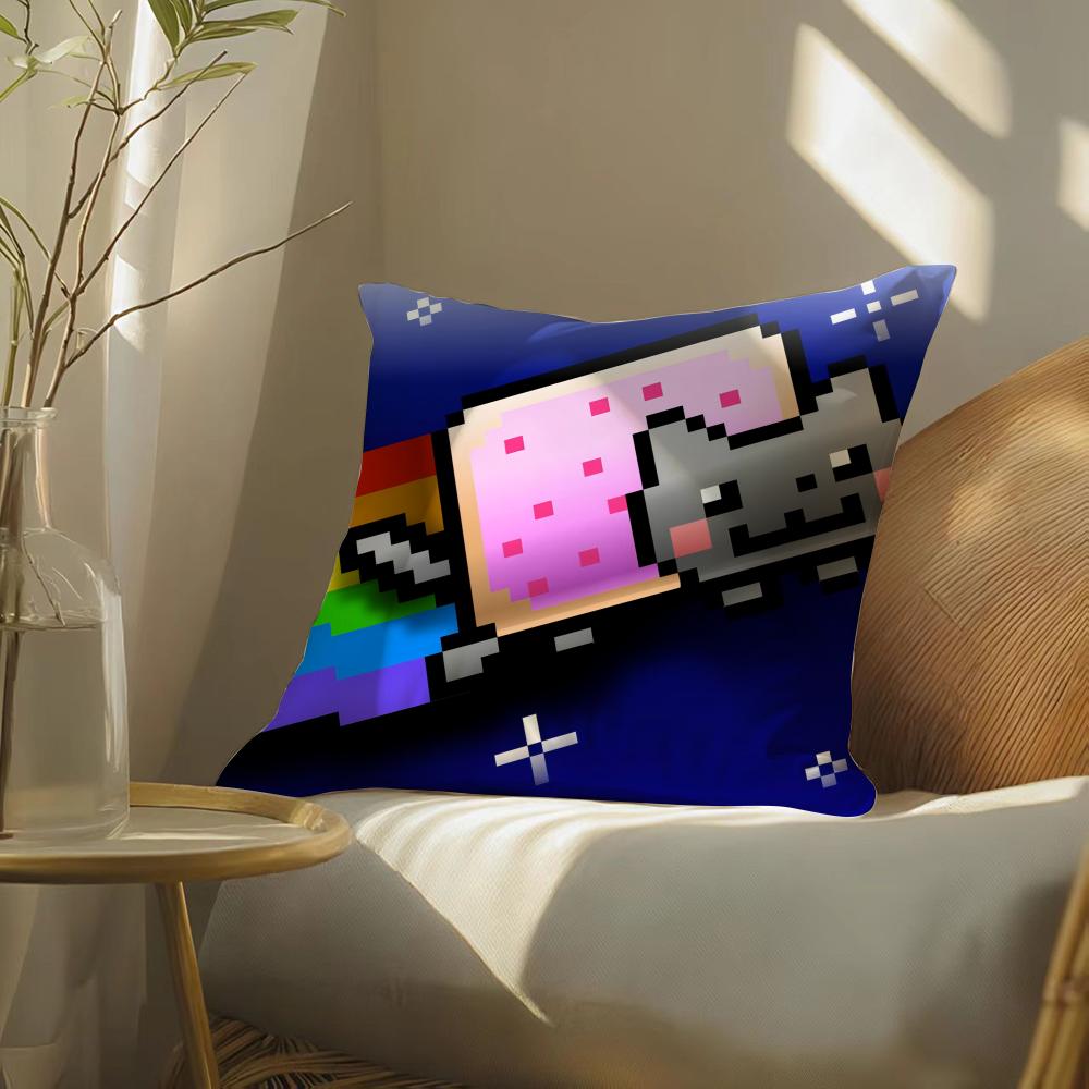 Cartoon Game N-Nyan-C-Cat Cushion Cover Soft Short Plush Pillow Cover Smooth Cozy Texture Aesthetic Cushion Case Home Decor