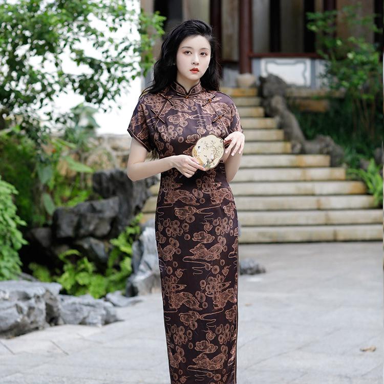 1011 summer and autumn new fashion satin cheongsam medium and long double-layer improved slim daily banquet national style women's clothing
